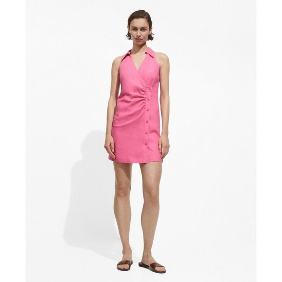 MNG Mango Dress Pink Wrap Button Front Mini Linen Sleeveless V Neck - Picture 1 of 11